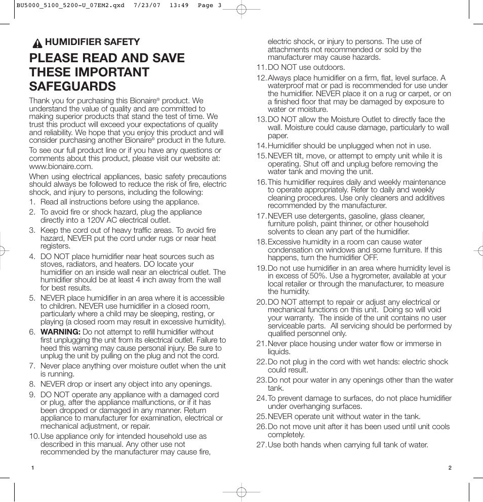 Please read and save these important safeguards | BIONAIRE ULTRASONIC Humidifier BU5200 User Manual | Page 2 / 6