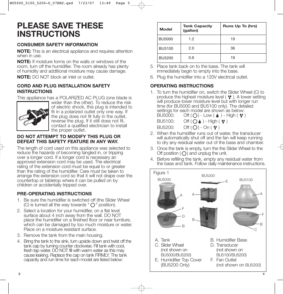 Please save these instructions | BIONAIRE ULTRASONIC Humidifier BU5200 User Manual | Page 3 / 6