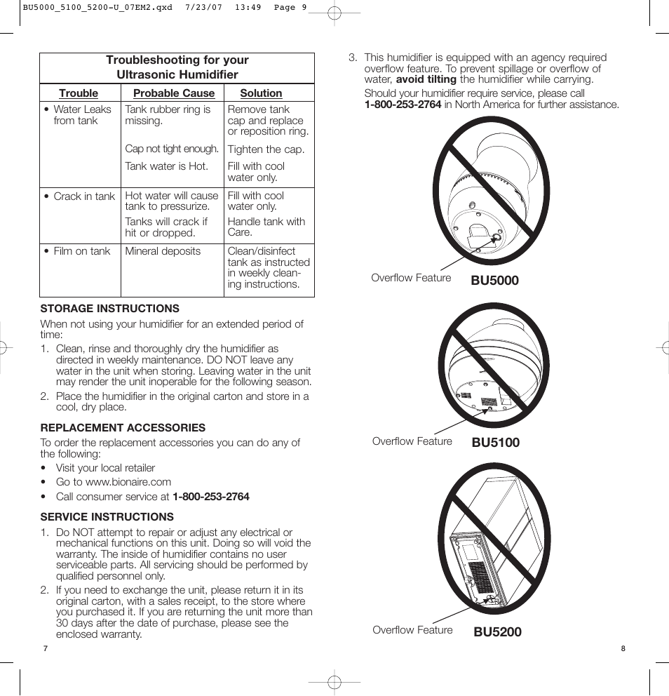 BIONAIRE ULTRASONIC Humidifier BU5200 User Manual | Page 5 / 6