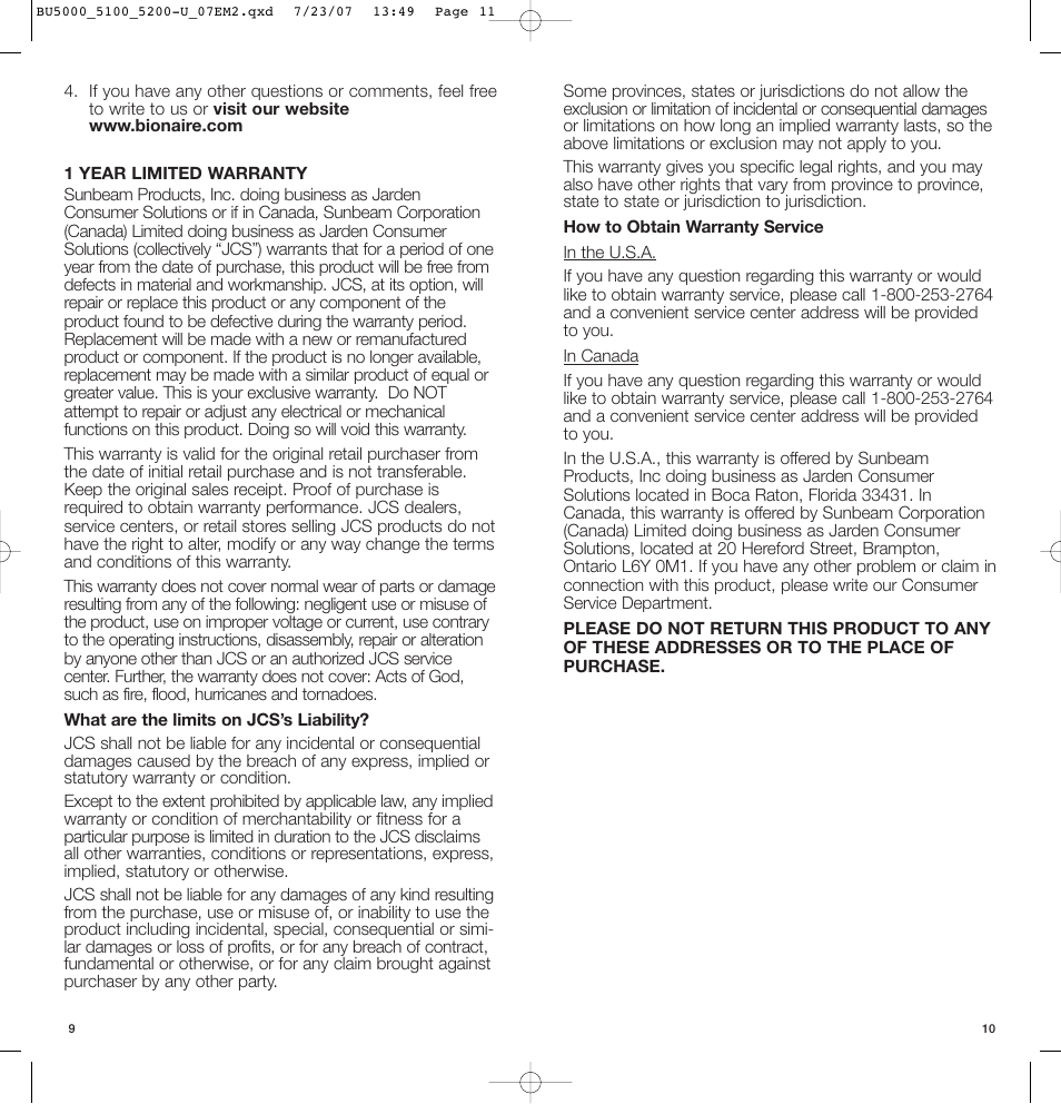 BIONAIRE ULTRASONIC Humidifier BU5200 User Manual | Page 6 / 6