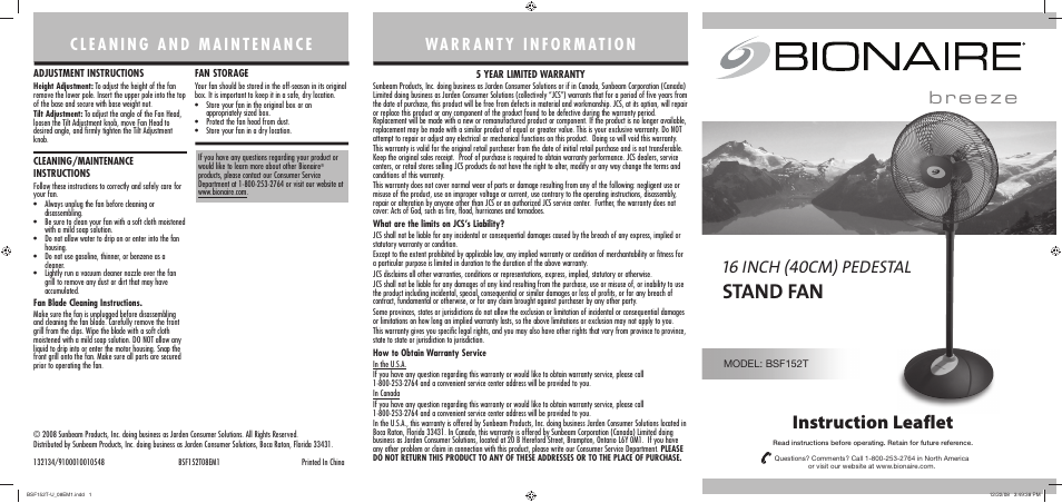 BIONAIRE BSF152T08EM1 User Manual | 2 pages