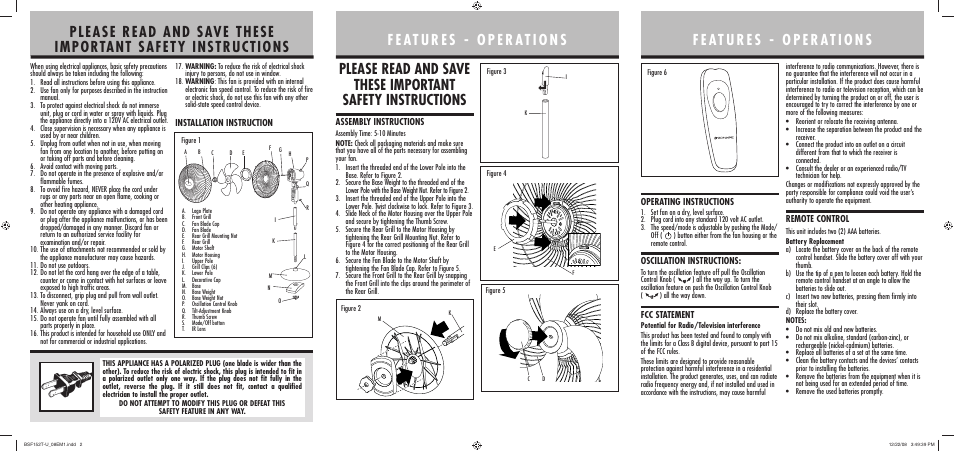 Installation instruction, Assembly instructions, Operating instructions | Oscillation instructions, Fcc statement, Remote control | BIONAIRE BSF152T08EM1 User Manual | Page 2 / 2