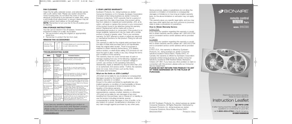 BIONAIRE BW2300 User Manual | 2 pages