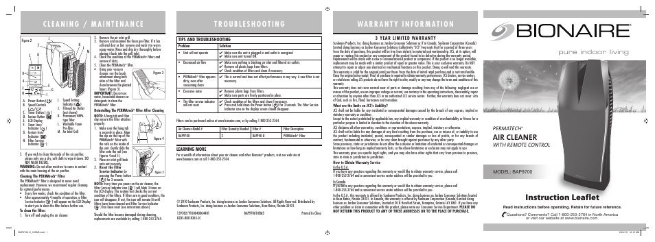 BIONAIRE BAP9700 User Manual | 2 pages
