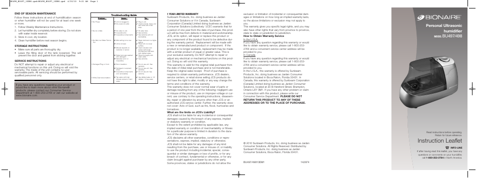 BIONAIRE BU497 User Manual | 2 pages
