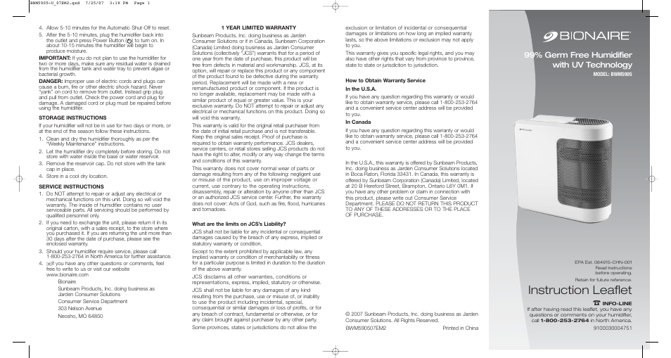 BIONAIRE BWM5905 User Manual | 2 pages