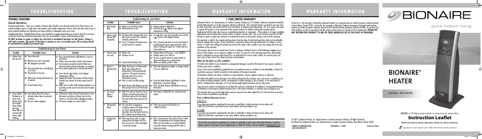 BIONAIRE BCH9208 User Manual | 2 pages