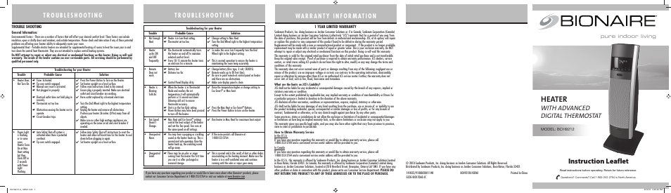 BIONAIRE BCH9212 User Manual | 2 pages