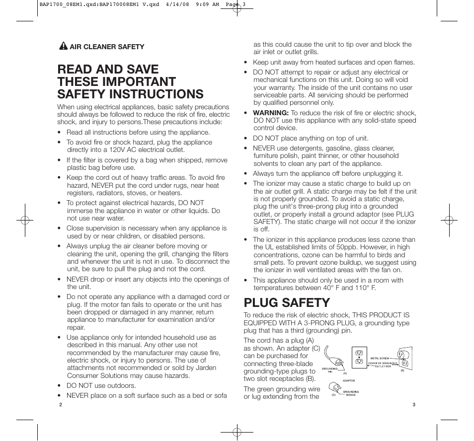 Read and save these important safety instructions, Plug safety | BIONAIRE PERMAtech BAP1700C User Manual | Page 2 / 7