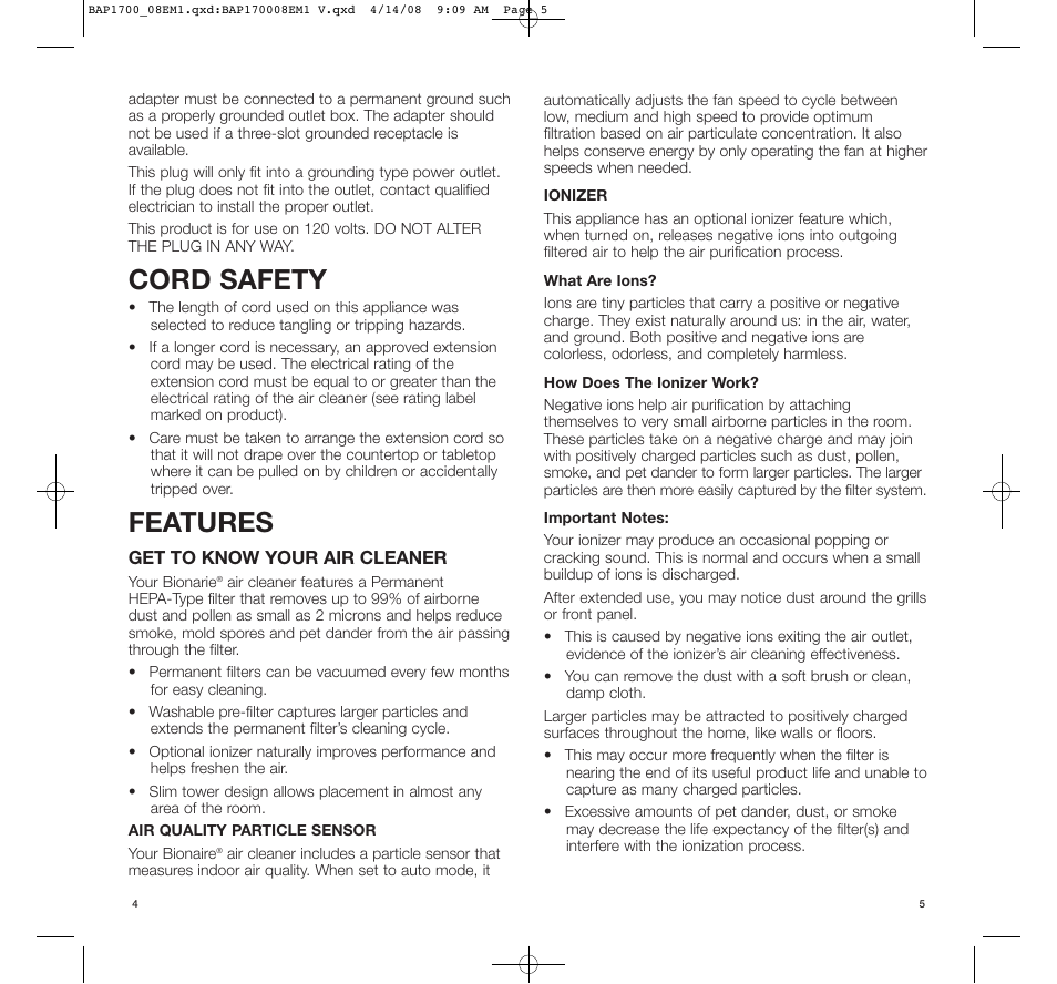 Cord safety, Features | BIONAIRE PERMAtech BAP1700C User Manual | Page 3 / 7