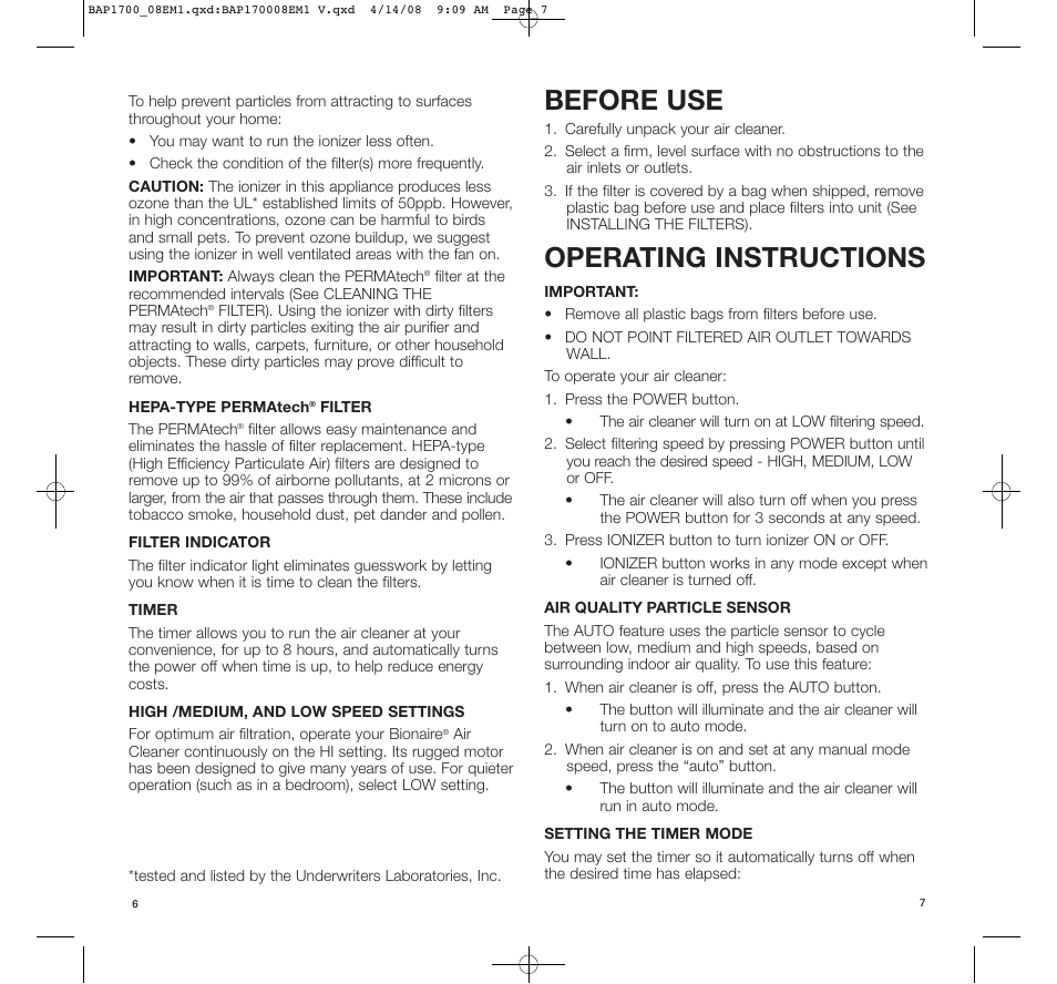 Before use, Operating instructions | BIONAIRE PERMAtech BAP1700C User Manual | Page 4 / 7