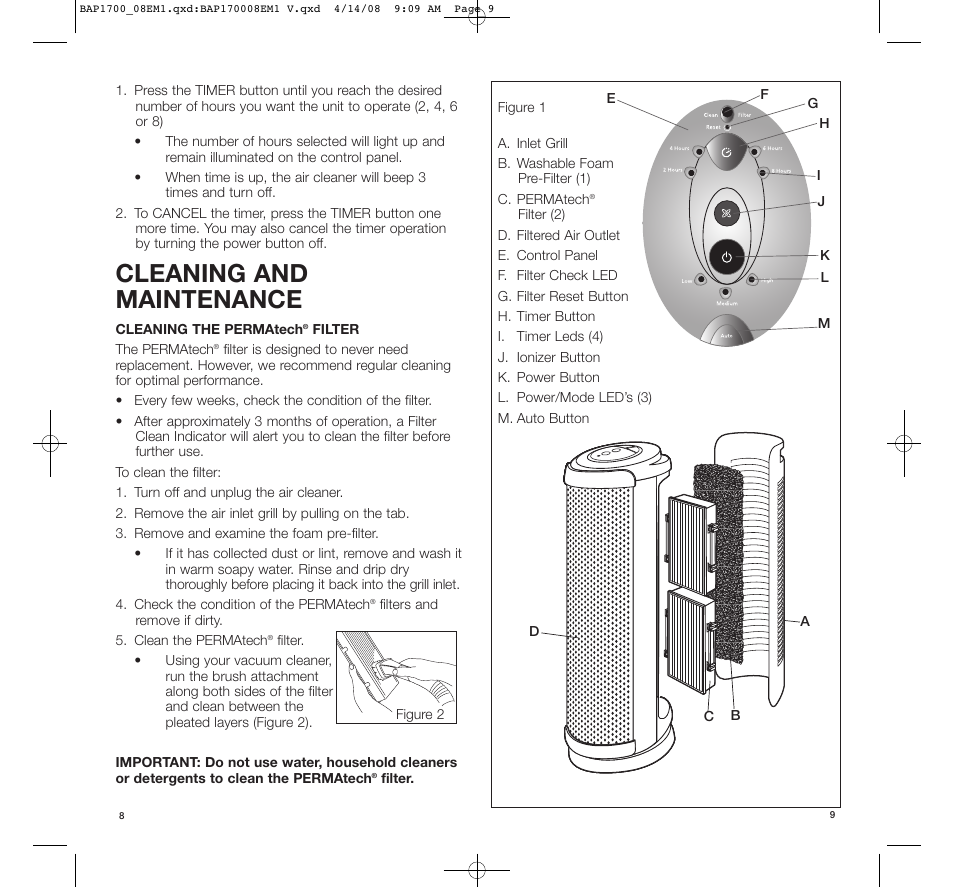 Cleaning and maintenance | BIONAIRE PERMAtech BAP1700C User Manual | Page 5 / 7
