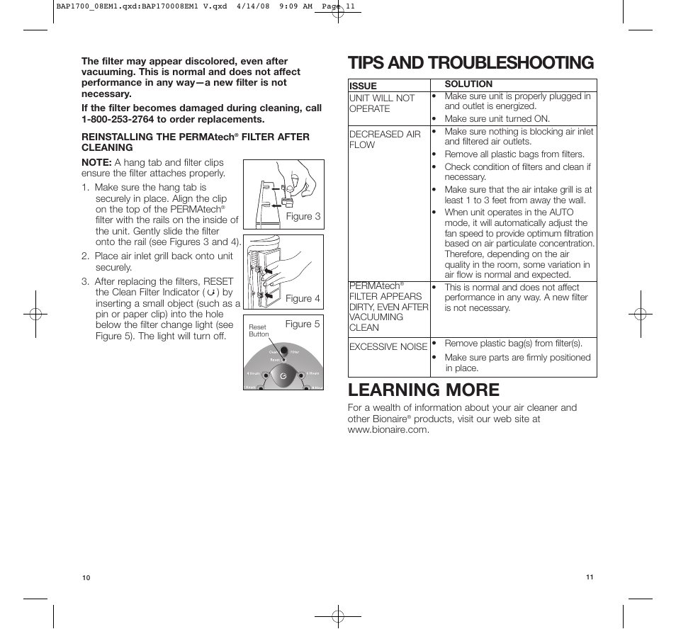 Tips and troubleshooting learning more | BIONAIRE PERMAtech BAP1700C User Manual | Page 6 / 7