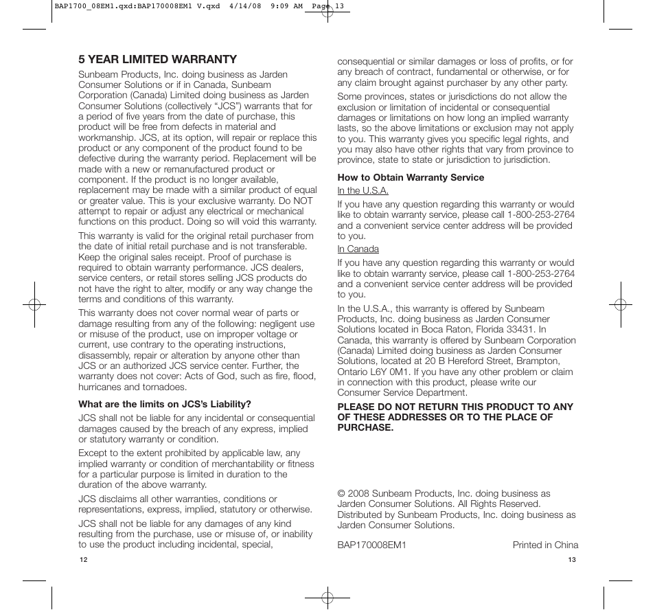 BIONAIRE PERMAtech BAP1700C User Manual | Page 7 / 7