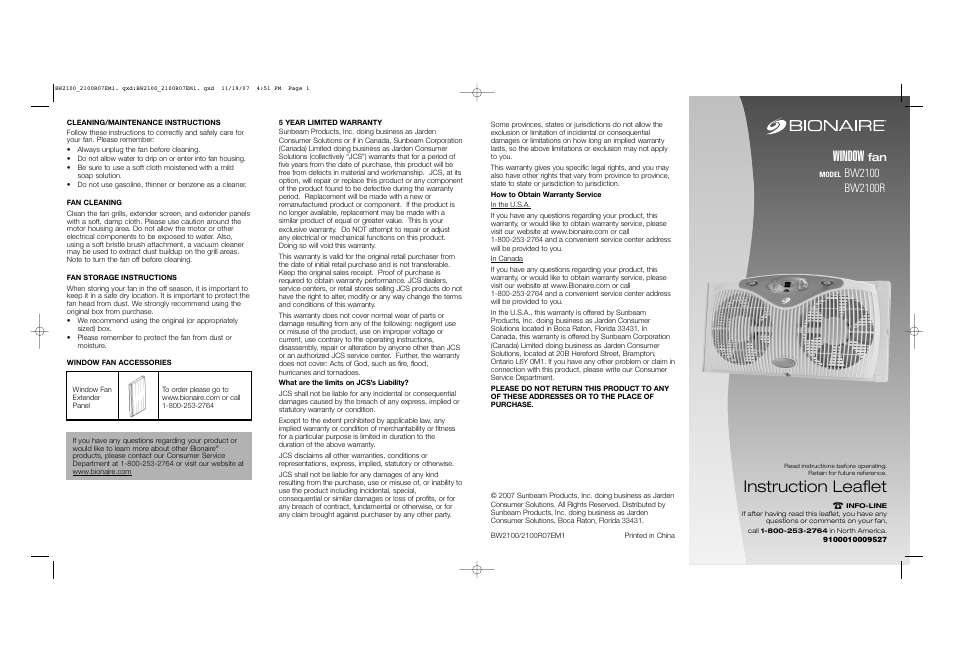 BIONAIRE BW2100R User Manual | 2 pages