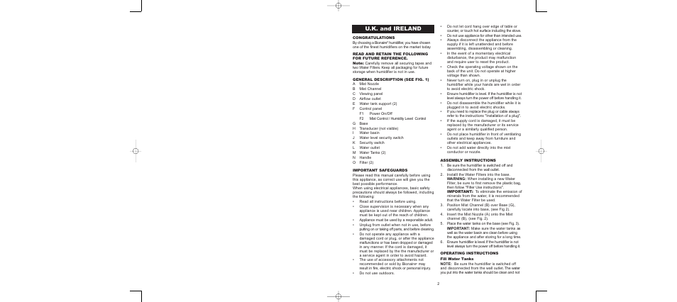 U.k. and ireland | BIONAIRE BU4000 User Manual | Page 3 / 28