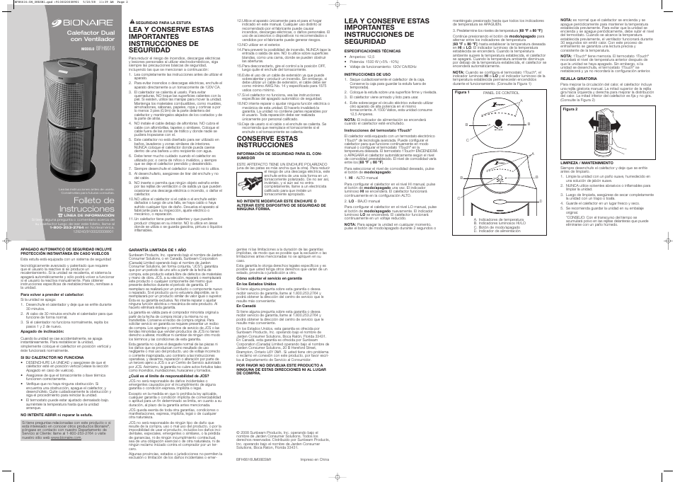 Folleto de instrucciones, Conserve estas instrucciones | BIONAIRE DUAL HEATER BFH6616 User Manual | Page 2 / 2