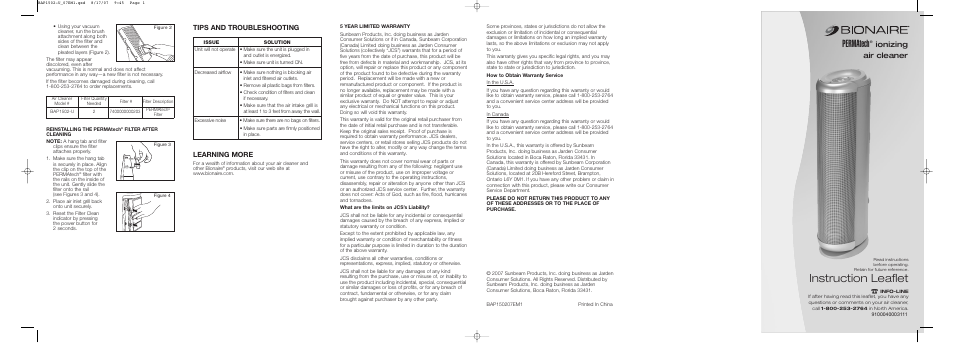 BIONAIRE PERMAtech ionizing air cleaner BAP1502 User Manual | 2 pages