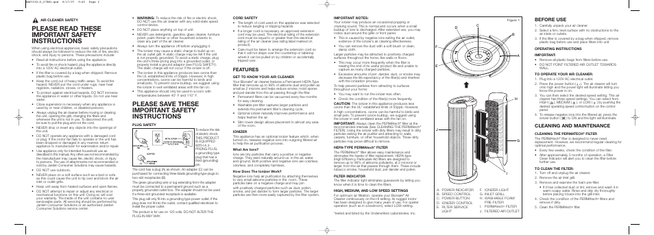 Please read these important safety instructions, Please save these important safety instructions, Features | Before use, Cleaning and maintenance | BIONAIRE PERMAtech ionizing air cleaner BAP1502 User Manual | Page 2 / 2