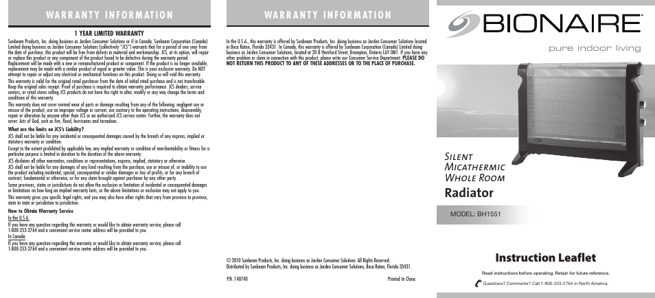 BIONAIRE BH1551 User Manual | 2 pages