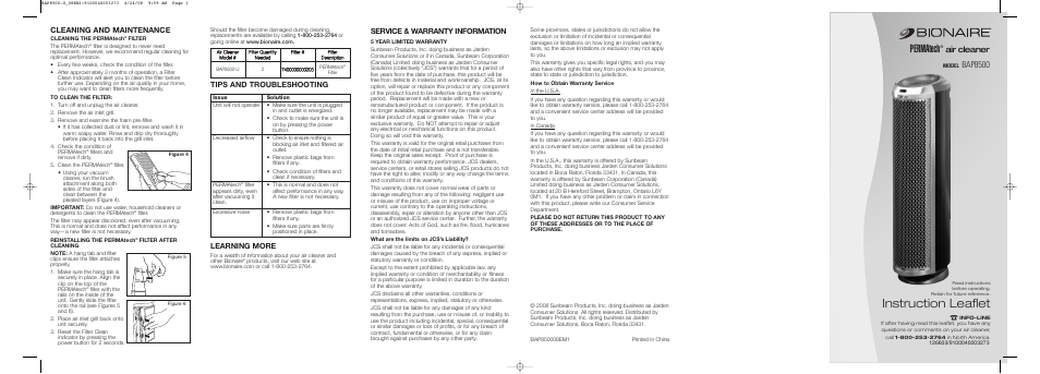 BIONAIRE BAP8500 User Manual | 2 pages