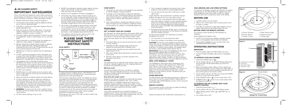 Important safeguards, Please save these important safety instructions, Features | Before use, Operating instructions | BIONAIRE BAP8500 User Manual | Page 2 / 2