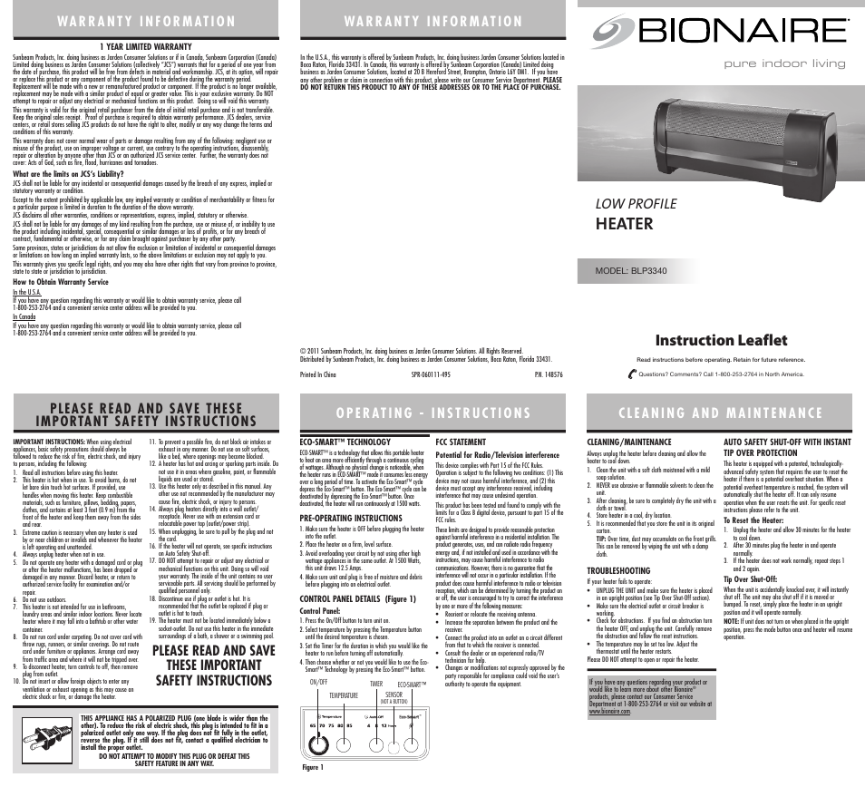 BIONAIRE BLP3340 User Manual | 1 page