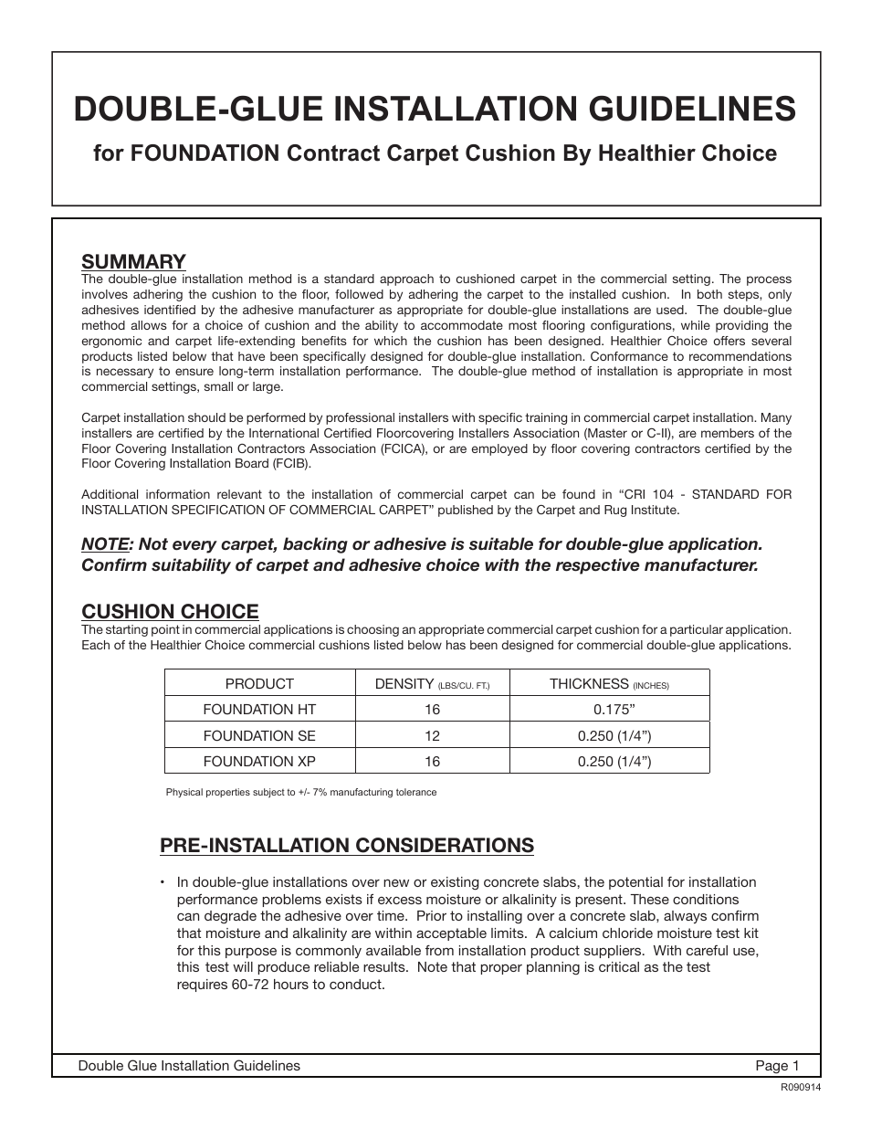 Healthier Choice FOUNDATION Commercial Carpet Cushion User Manual | 5 pages