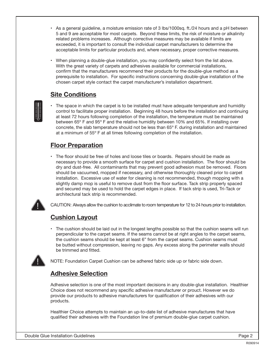 Site conditions, Floor preparation, Cushion layout | Adhesive selection | Healthier Choice FOUNDATION Commercial Carpet Cushion User Manual | Page 2 / 5