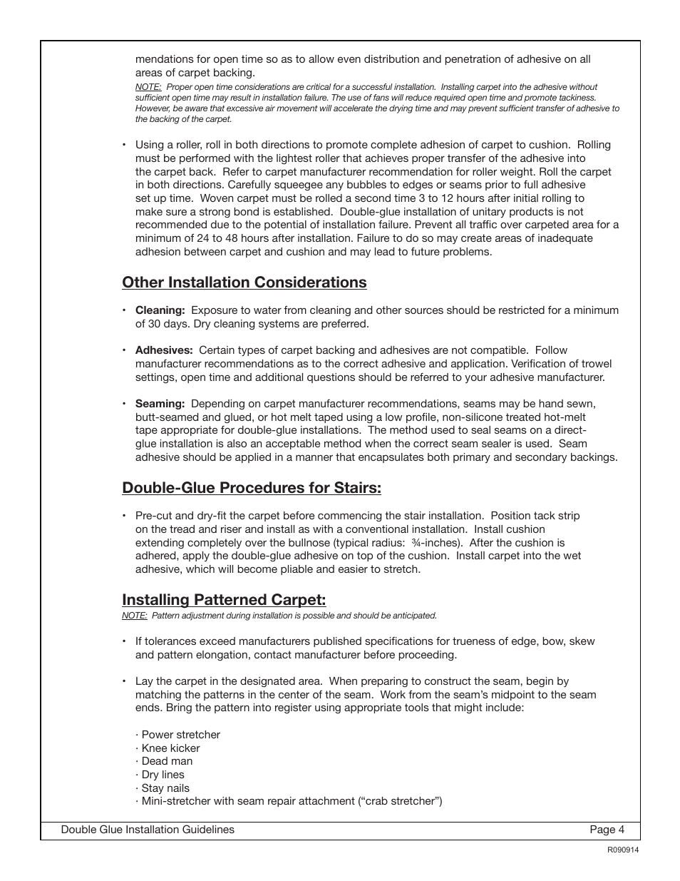 Other installation considerations, Double-glue procedures for stairs, Installing patterned carpet | Healthier Choice FOUNDATION Commercial Carpet Cushion User Manual | Page 4 / 5