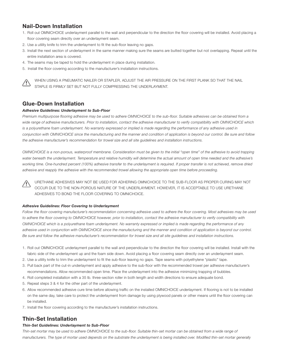 Installation instructions, Site conditions and floor preparation, Floating installation | Nail-down installation, Glue-down installation, Thin-set installation | Healthier Choice OMNICHOICE Acoustical Underlayment User Manual | Page 2 / 3
