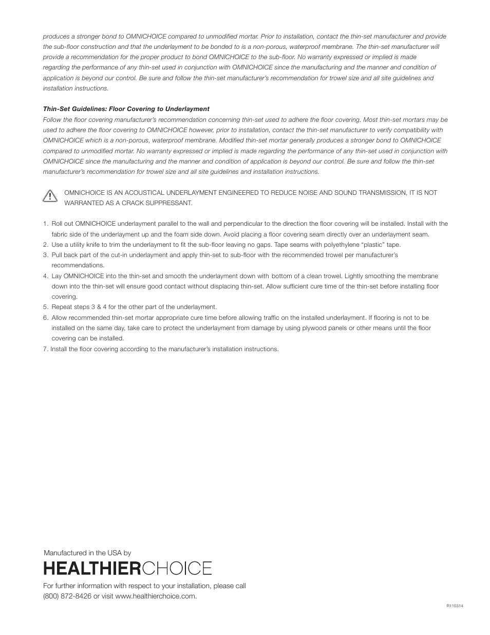 Installation instructions, Site conditions and floor preparation, Floating installation | Nail-down installation, Glue-down installation, Thin-set installation | Healthier Choice OMNICHOICE Acoustical Underlayment User Manual | Page 3 / 3