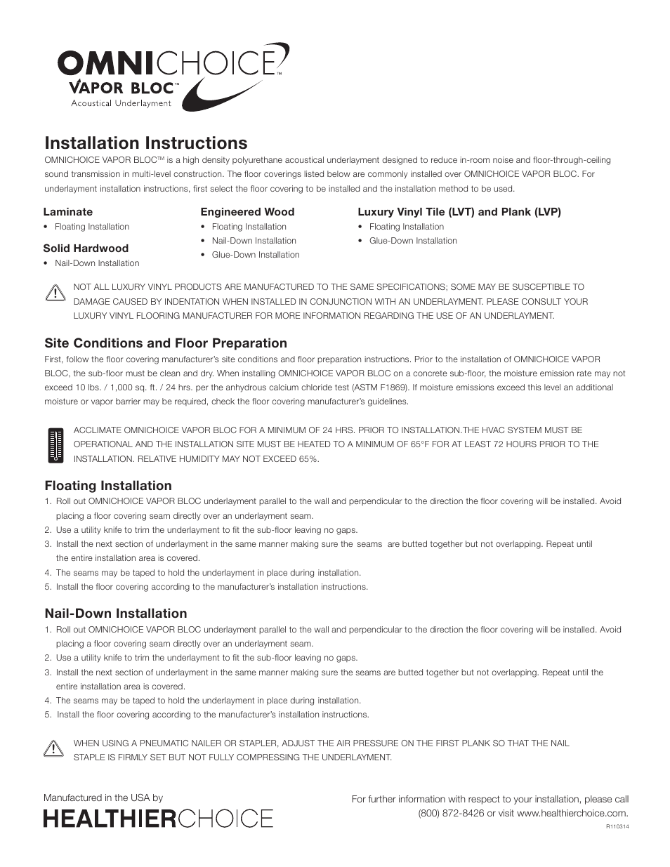 Healthier Choice OMNICHOICE Acoustical Underlayment User Manual | 1 page