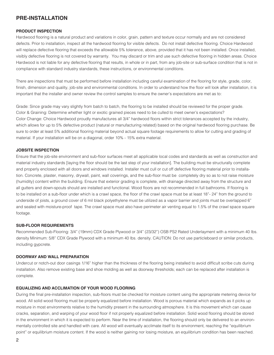 Pre-installation | Healthier Choice CHOICE Hardwoods User Manual | Page 2 / 4