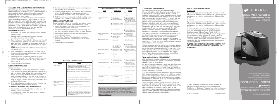 BIONAIRE BCM7309 User Manual | 2 pages