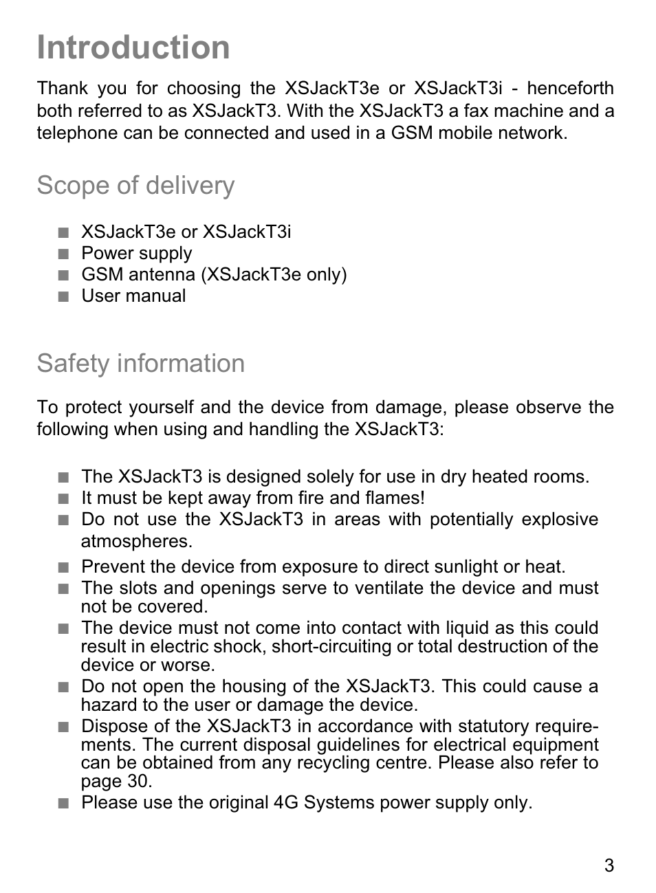 Introduction, Scope of delivery, Safety information | 4G Systems XSJack T3e User Manual | Page 3 / 33