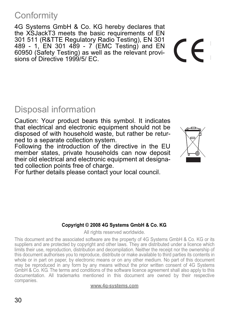 Conformity, Disposal information | 4G Systems XSJack T3e User Manual | Page 30 / 33