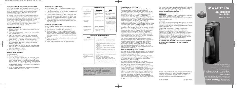 BIONAIRE BCM646 User Manual | 2 pages