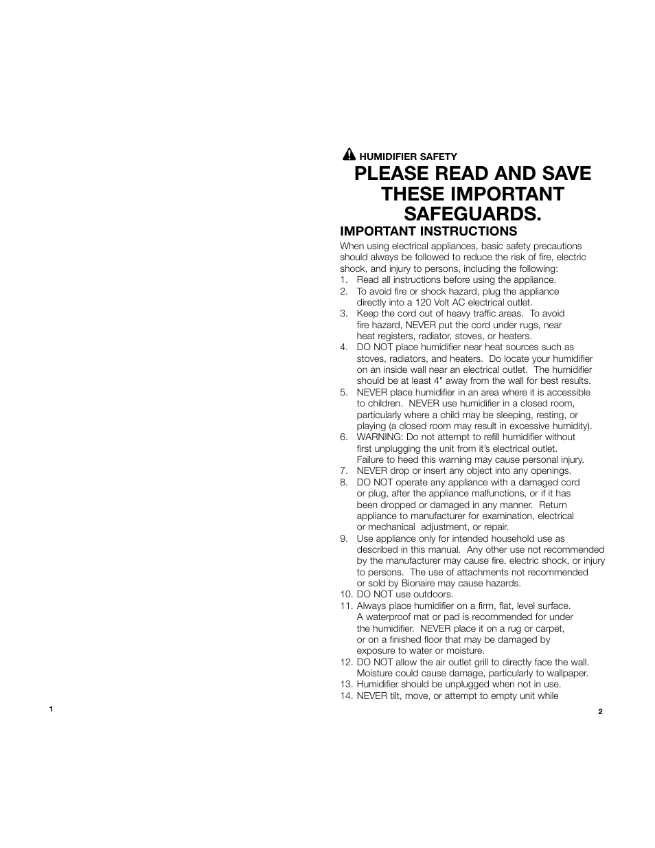 Please read and save these important safeguards | BIONAIRE W7 User Manual | Page 2 / 11