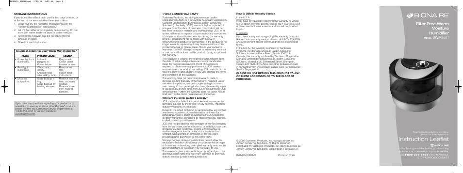 BIONAIRE BWM2601 User Manual | 2 pages