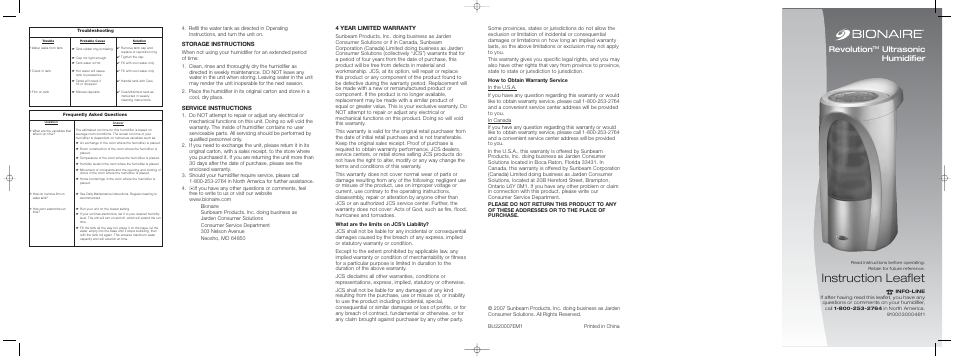 BIONAIRE REVOLUTION BU2200 User Manual | 2 pages