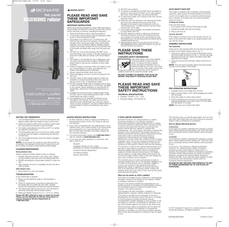 BIONAIRE BH3699 User Manual | 2 pages