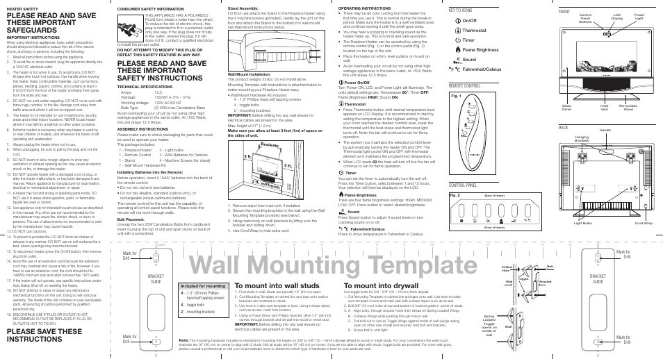 Wall mounting template, Please read and save these important safeguards, Please save these instructions | BIONAIRE 127176 User Manual | Page 2 / 2