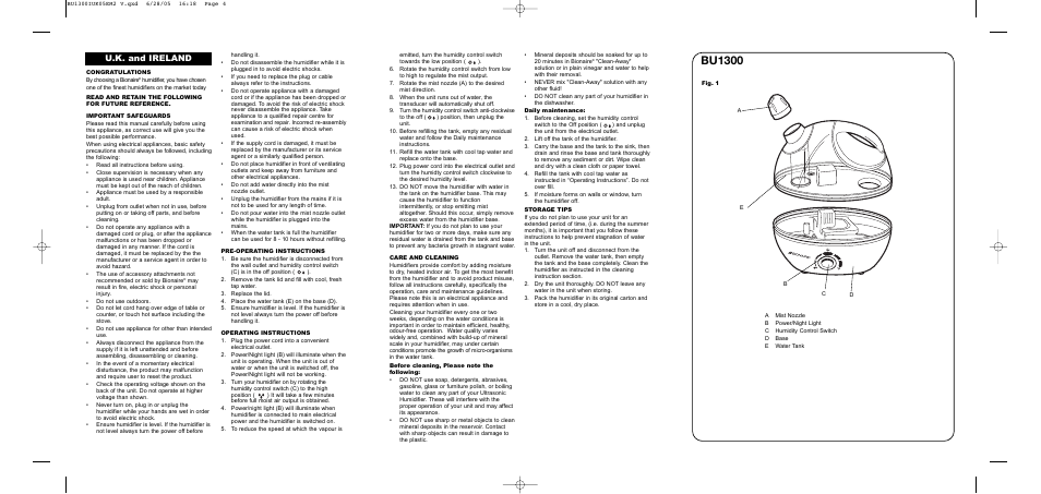 Bu1300, U.k. and ireland | BIONAIRE BU1300 User Manual | Page 2 / 2