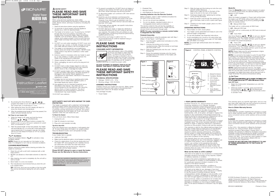 BIONAIRE BFH3521 User Manual | 2 pages