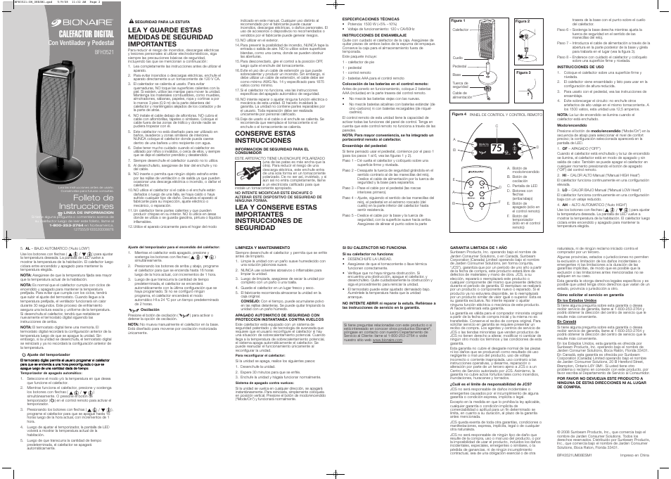 Hold to turn off, Calefactor digital, Folleto de instrucciones | Conserve estas instrucciones, Con ventilador y pedestal | BIONAIRE BFH3521 User Manual | Page 2 / 2