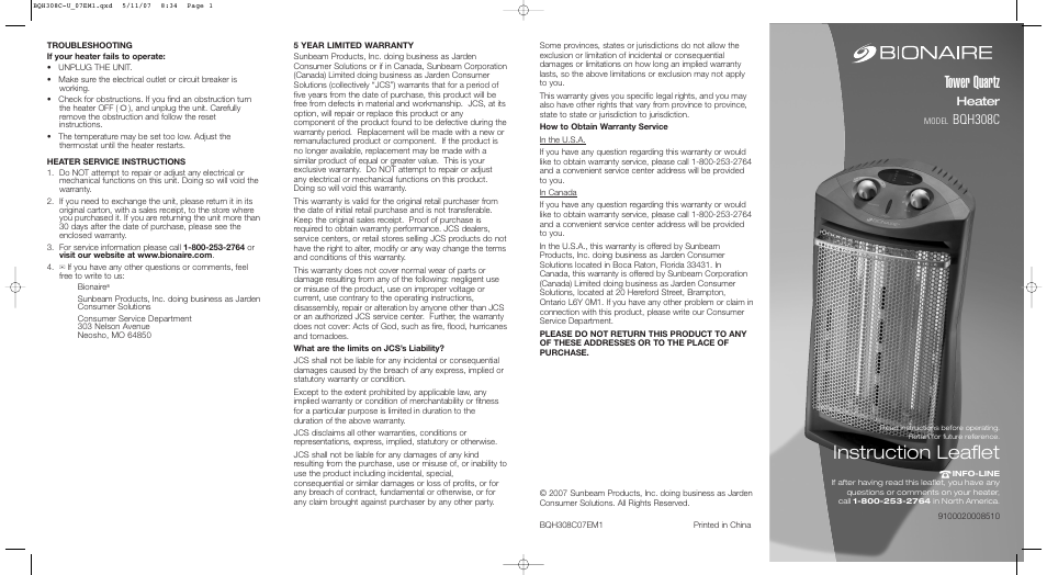 BIONAIRE BQH308C-U User Manual | 2 pages