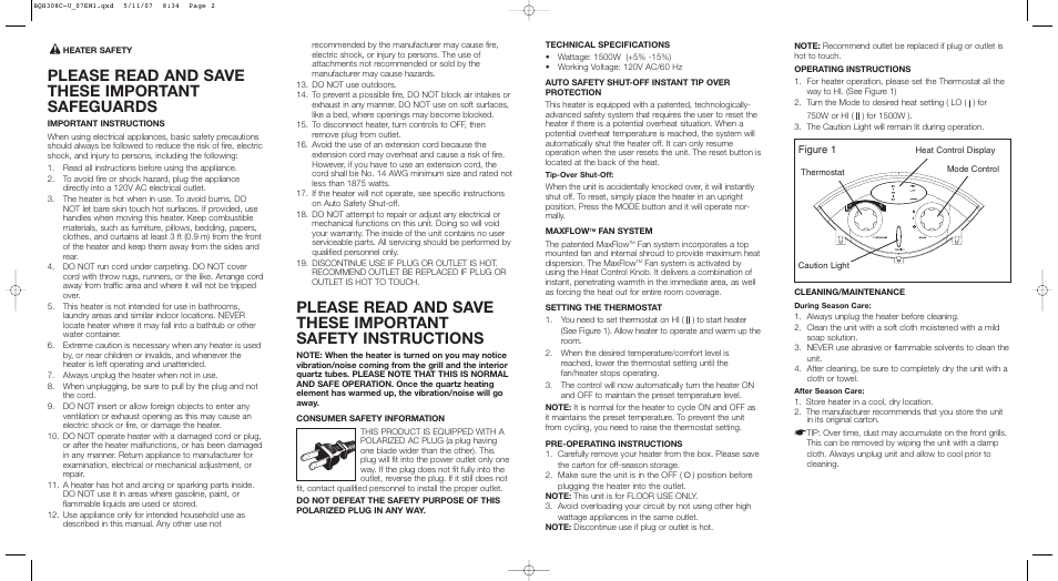 Please read and save these important safeguards, Figure 1 | BIONAIRE BQH308C-U User Manual | Page 2 / 2