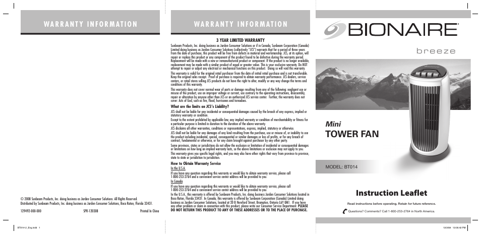 BIONAIRE BT014 User Manual | 2 pages