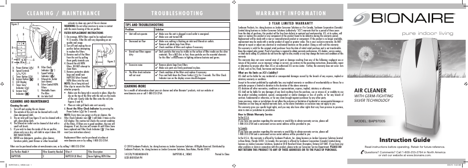 BIONAIRE BAP9700S User Manual | 2 pages